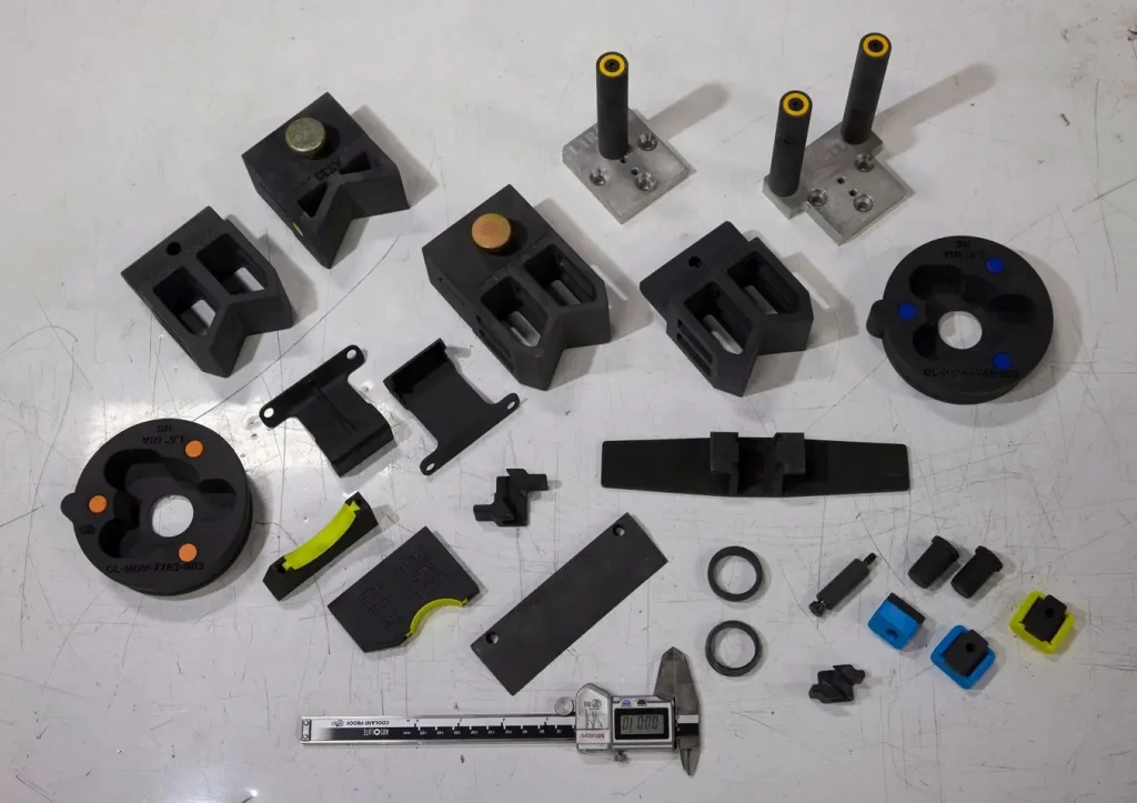 Các công cụ hỗ trợ sản xuất được in 3D bằng công nghệ SLS tại Eaton Olean rất đa dạng, từ đầu gắp robot (EOAT), kẹp giữ, bộ phận di chuyển chi tiết, cho đến giá đỡ và nhiều ứng dụng khác.