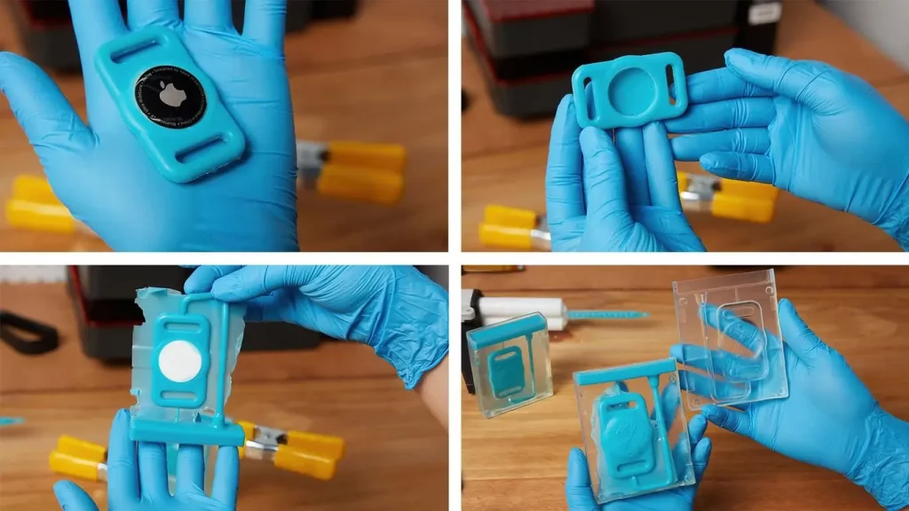 Tháo khuôn và cắt tỉa phần silicone thừa sau khi đúc, tạo ra móc khóa hoàn chỉnh với thiết bị Apple AirTag được tích hợp bên trong, được sản xuất bằng công nghệ in 3D kết hợp đúc silicone.